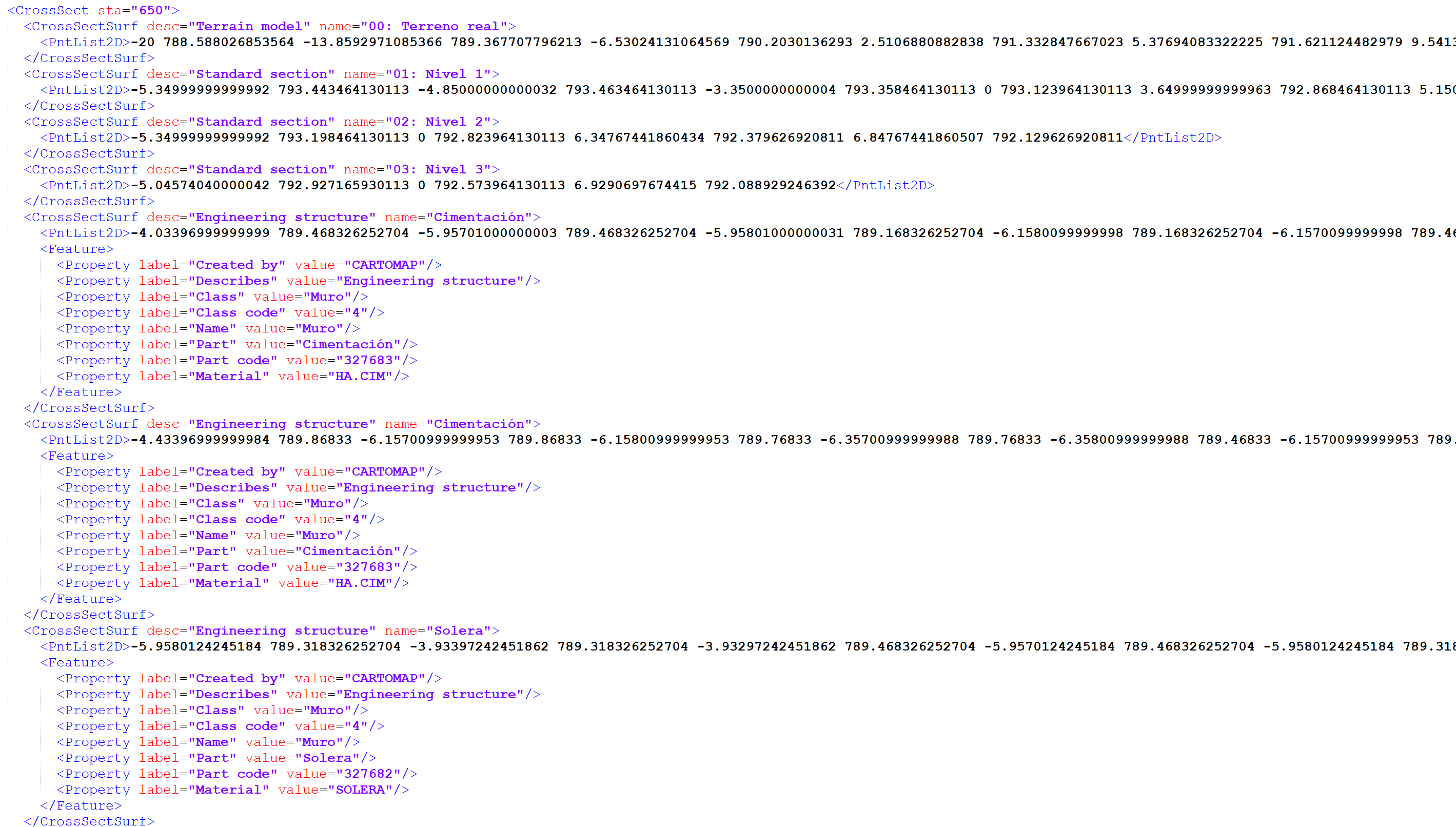 LandXML - Secciones y OF - Selección OF, resultado zona muro