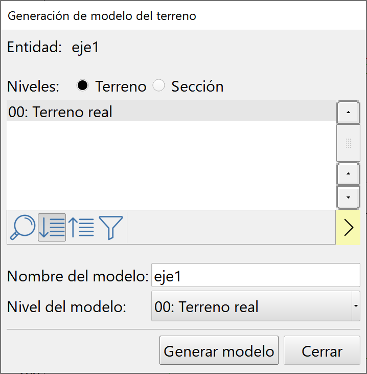 Trazado - Adquisición de perfiles transversales - Generación de modelos, dialog terreno