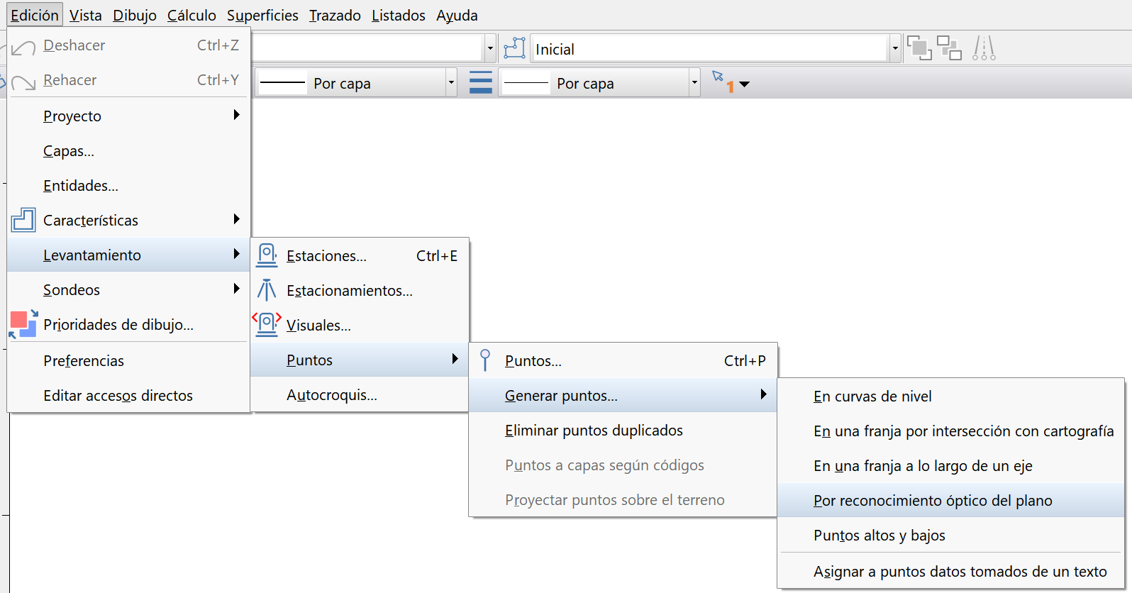 Edición - Levantamiento - Puntos - Generar puntos - Por reconocimiento óptico del plano, menú