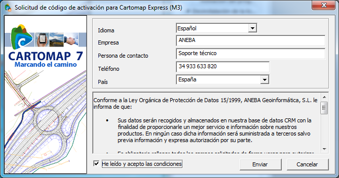 CARTOMAP Express - Activación, solicitud de código