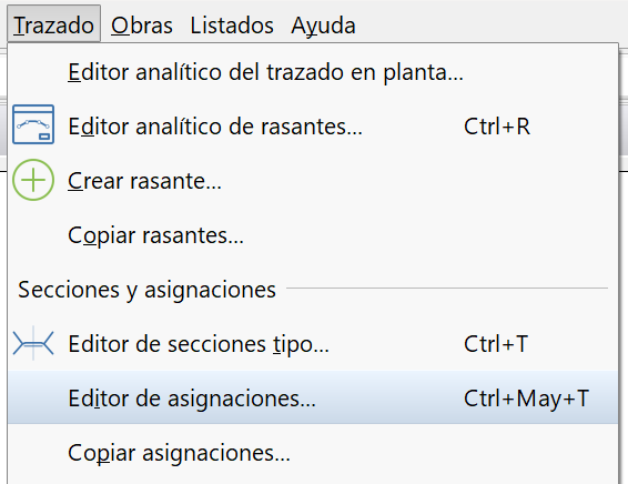 Trazado - Editor de asignaciones, menú de acceso