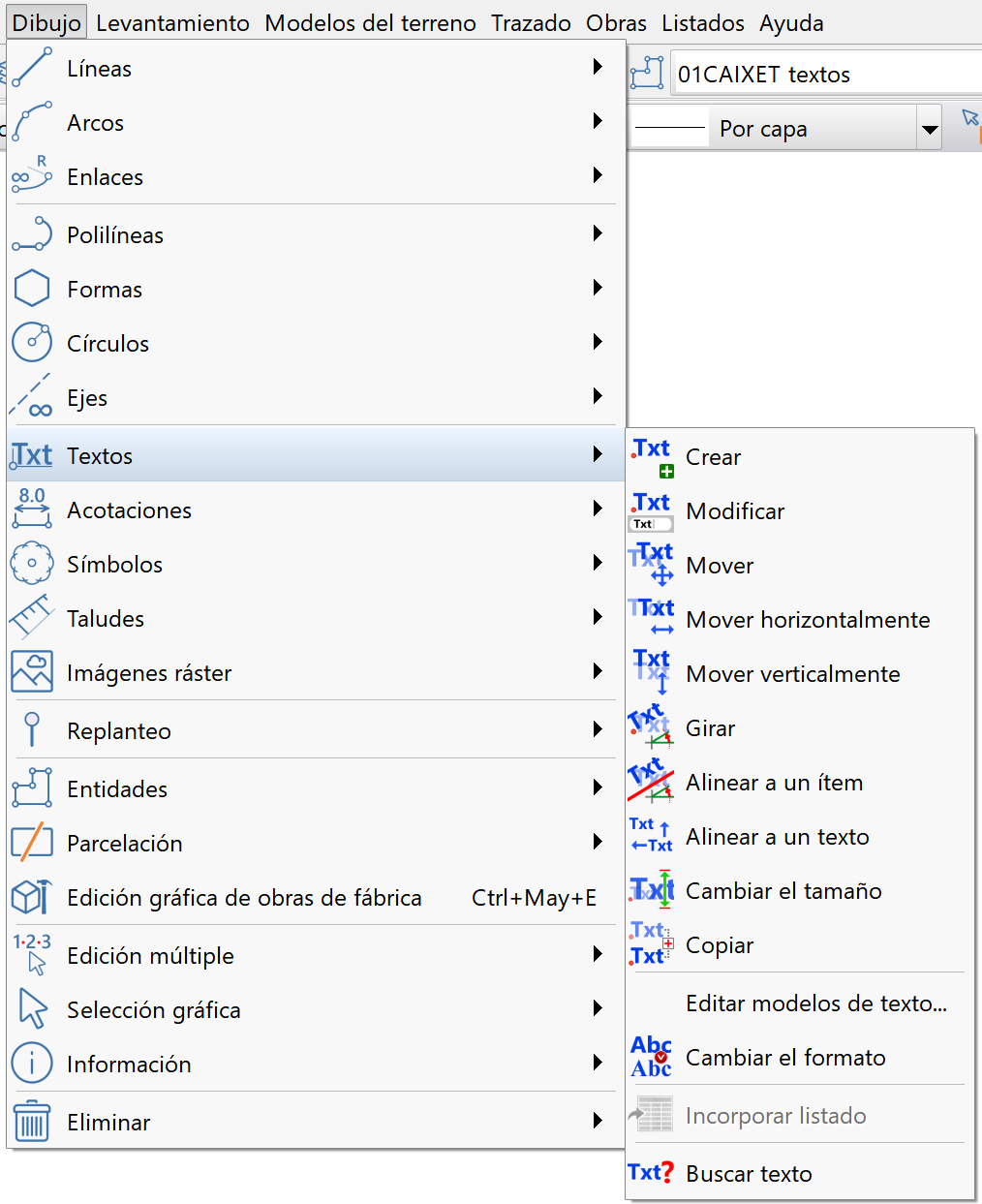 CAD - Textos, menú de dibujo