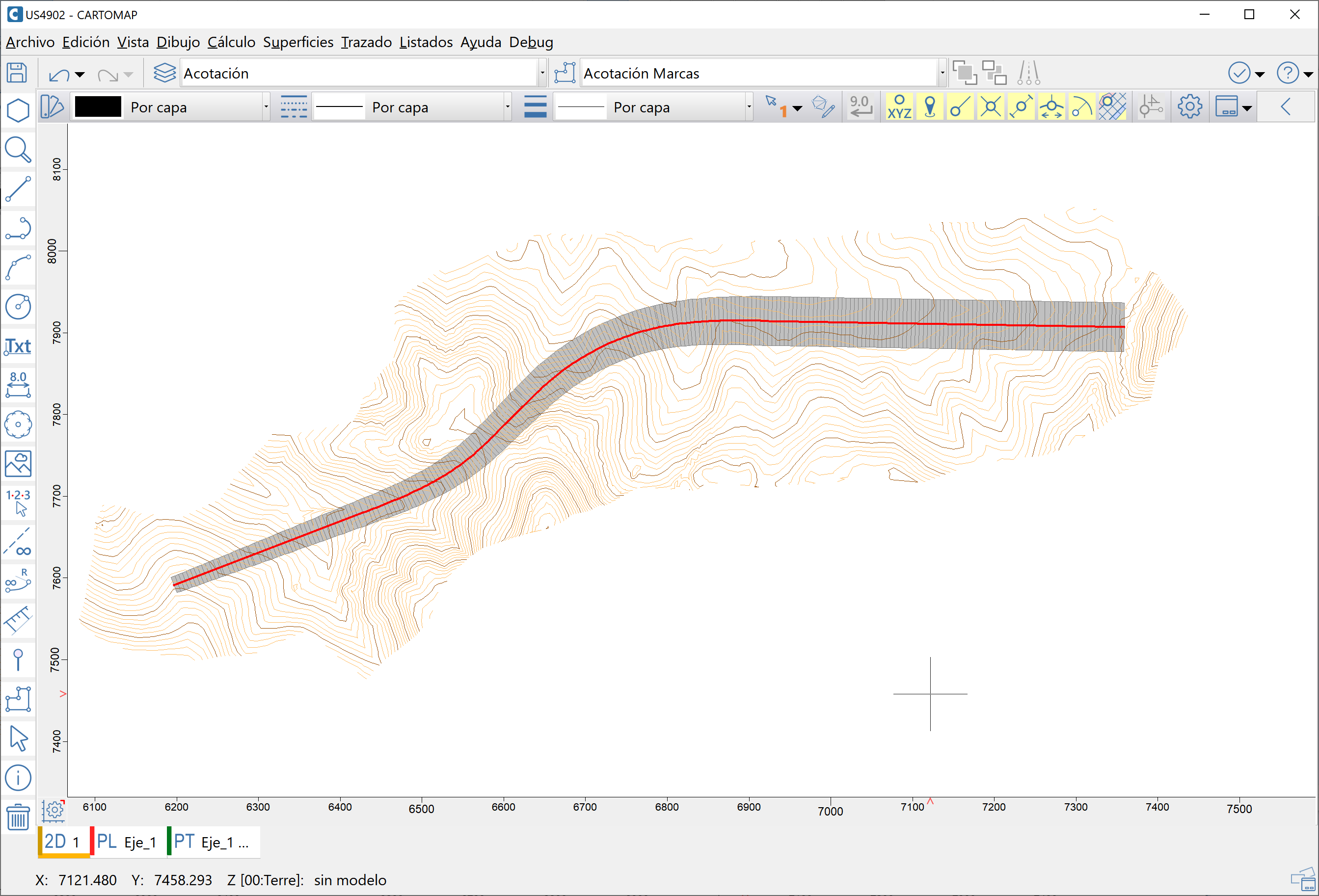 Trazado - Edición unificada de asignaciones - Asignación de sección tipo, opción transición lineal, resultado con transición