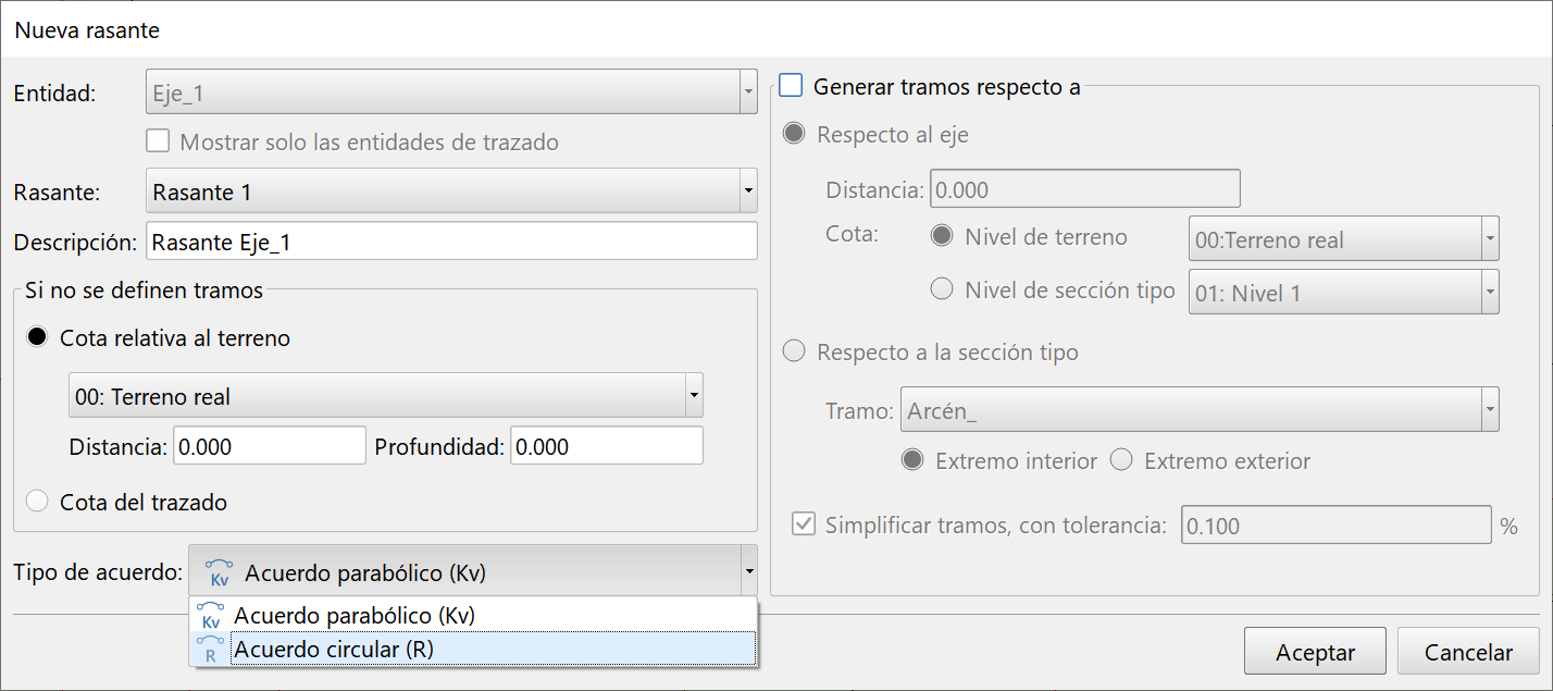 Trazado - Rasante - Dialog propiedades, tipo de acuerdo