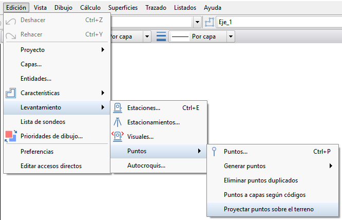 Edición - Levantamiento - Puntos - Proyectar sobre el terreno, menú