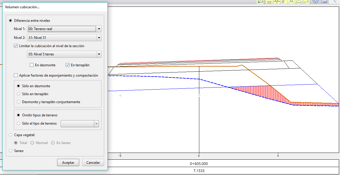 Cubicaciones - Entre dos modelos limitado sección, terraplén