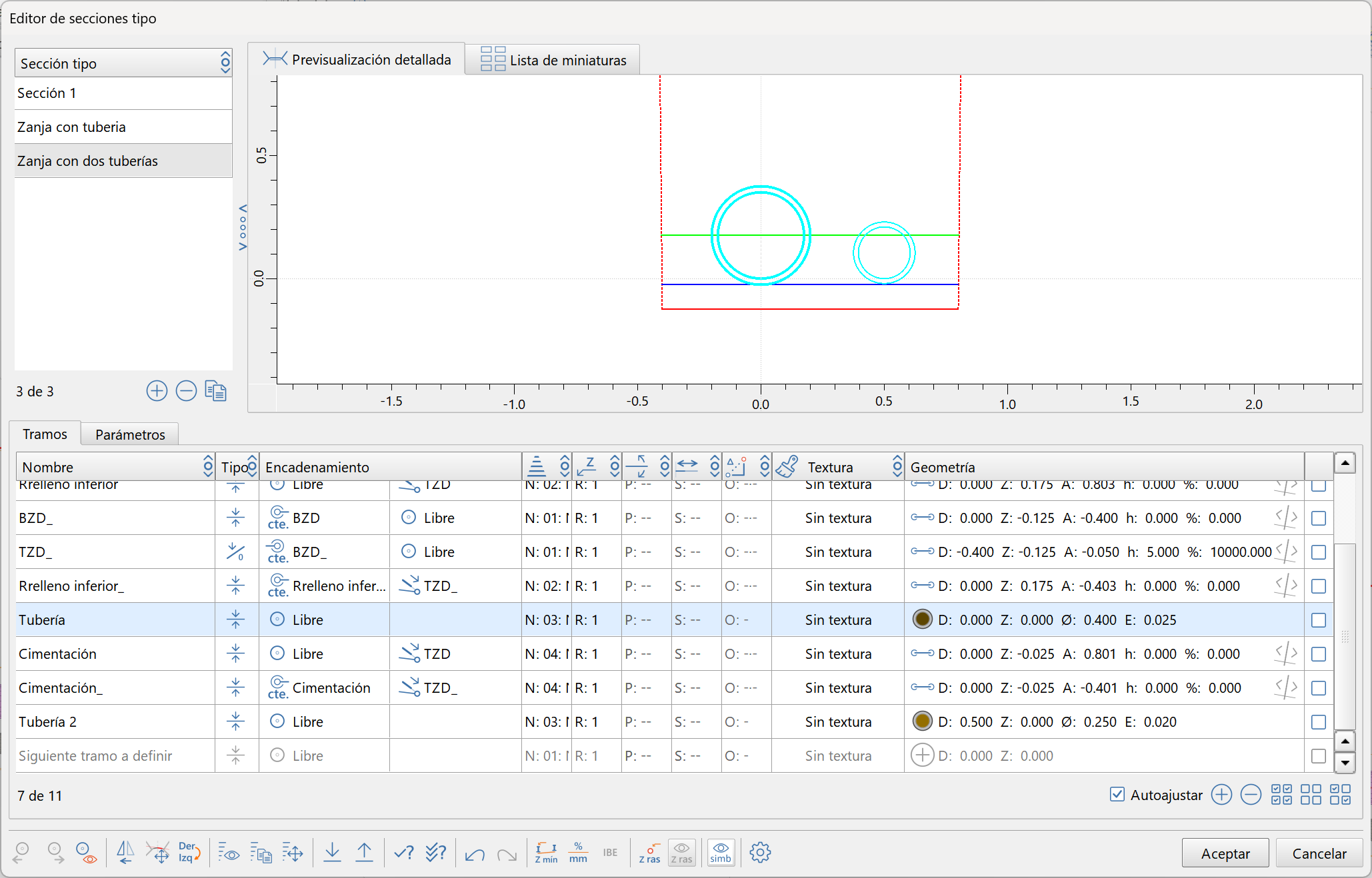 Editor de secciones - Tramos - Tubería