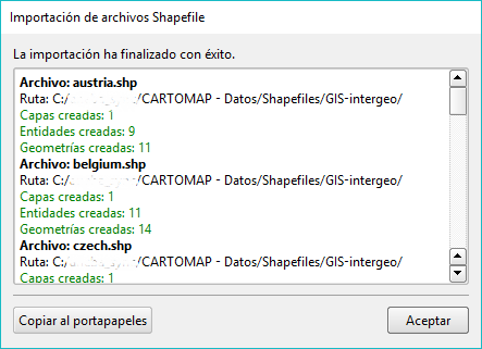 Archivo - Importar - SHP, informe del resultado