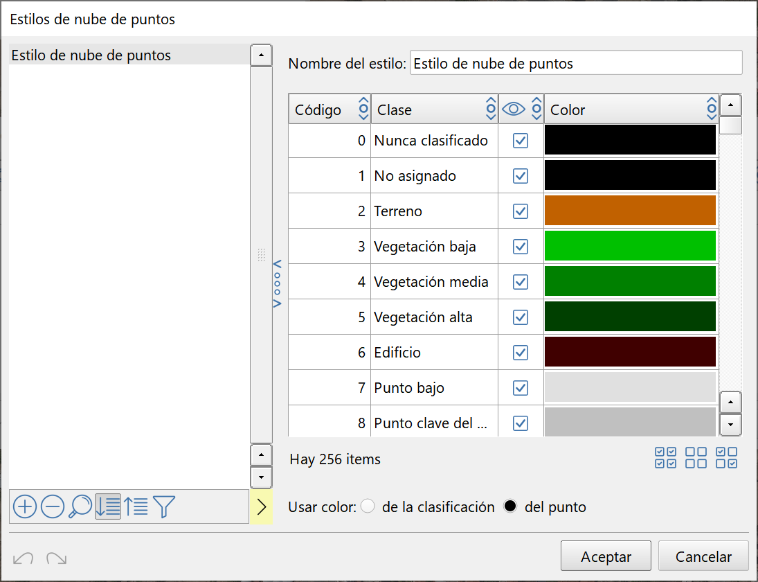 Vista 2D - Nube de puntos, dialog estilos