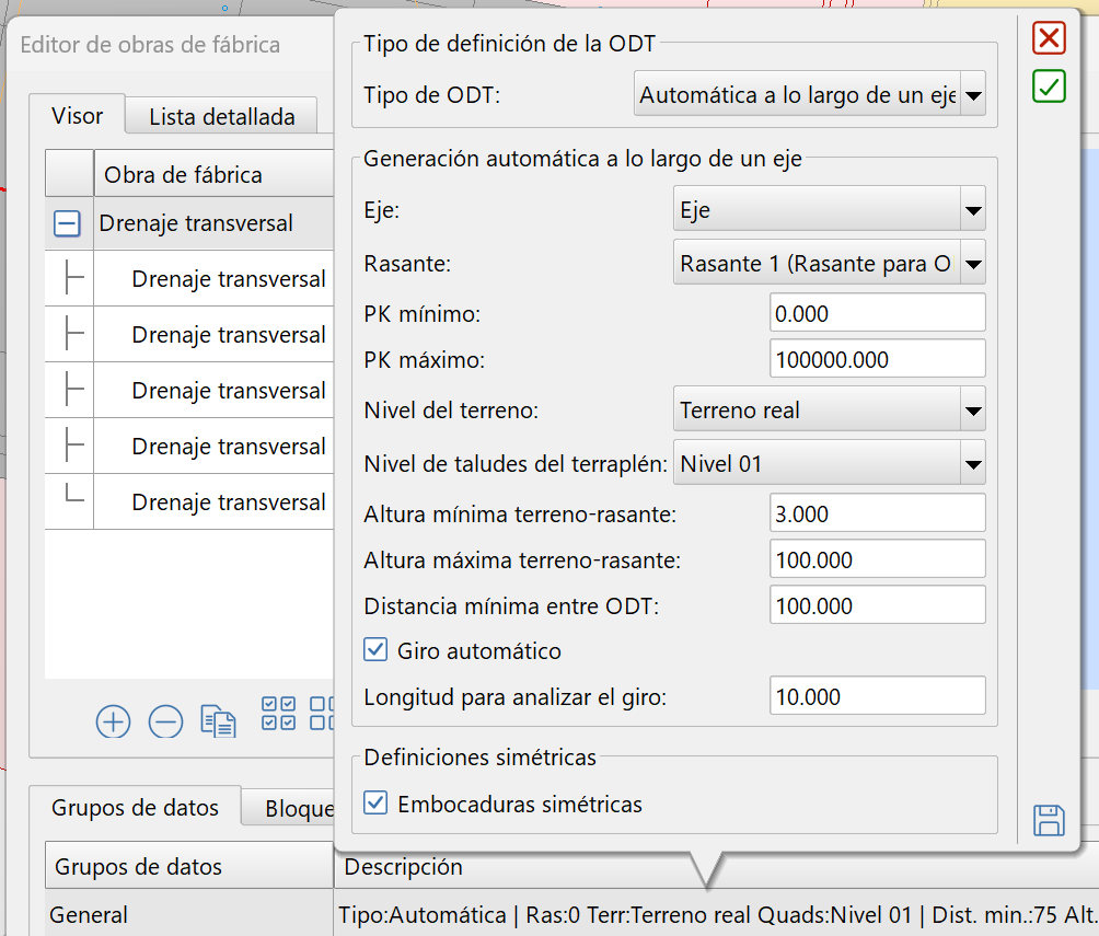 Obras de fábrica - ODT - Datos generales, tipo automáticas