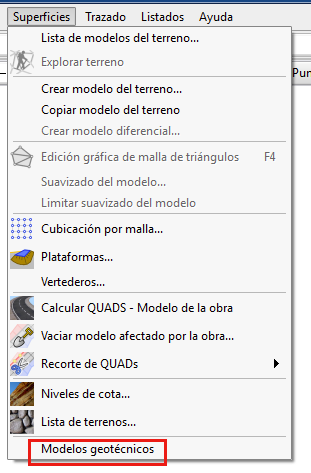 Modelo geotécnico - Menú Superficies Modelo geotécnico - Menú Superficies