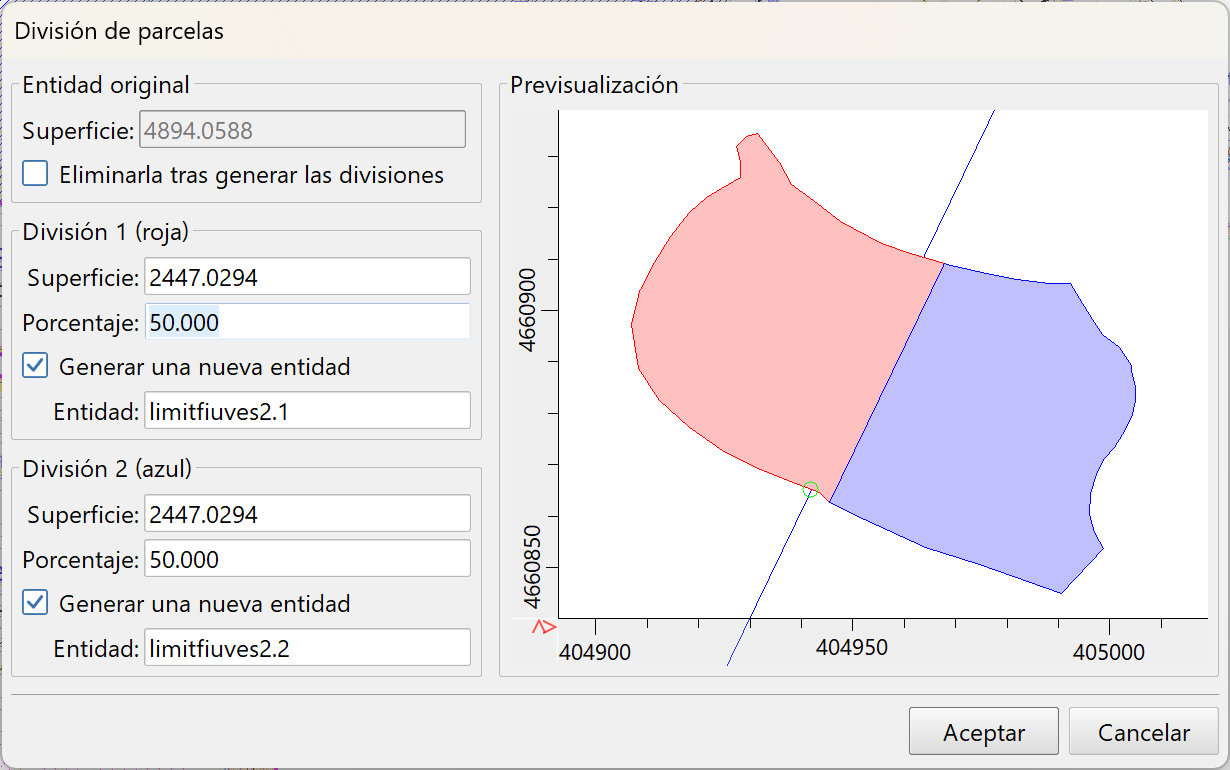 Parcelaciones - Dividir - División simple, dialog