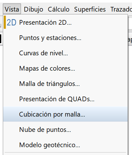 Vista 2D - Cubicación por malla, menú