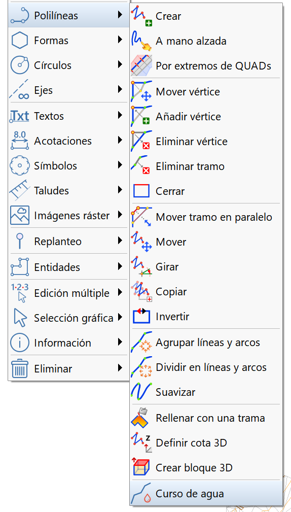 CAD - Polilíneas - Curso de agua, menú