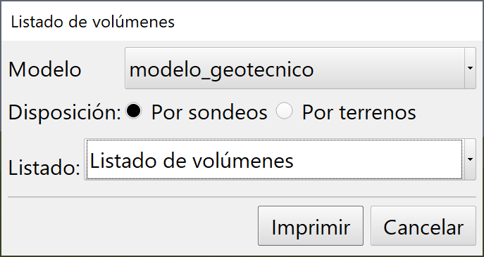 Listados - Cubicaciones - Modelos geotécnicos, dialog