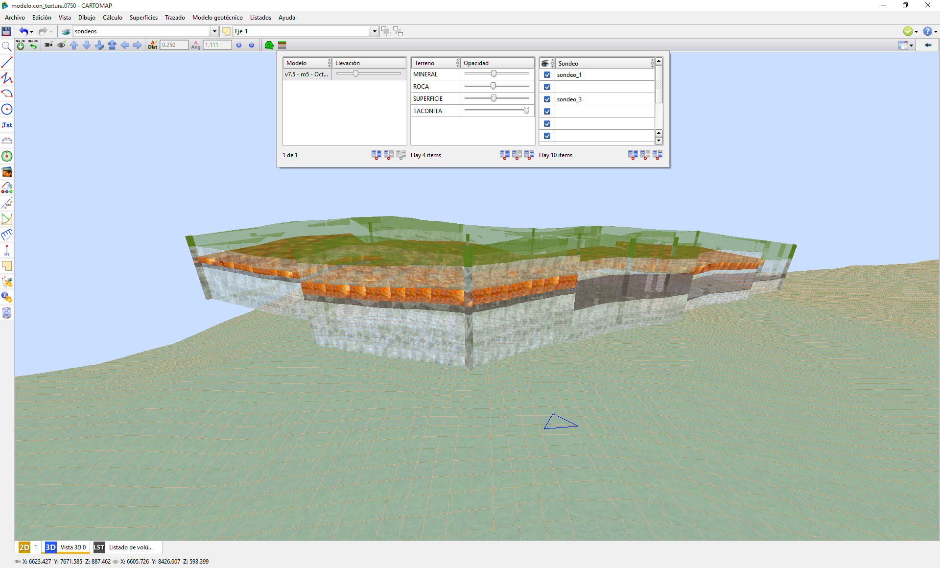 Vista 3D - Modelo geotécnico, elevación y opacidad del modelo Vista 3D - Modelo geotécnico, elevación y opacidad del modelo