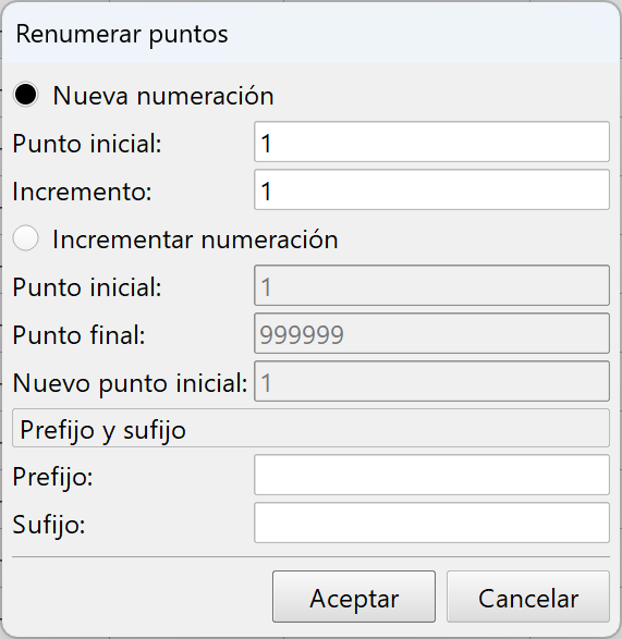 Edición - Levantamiento - Libreta de campo, dialog zona puntos, lista de puntos, renumerar