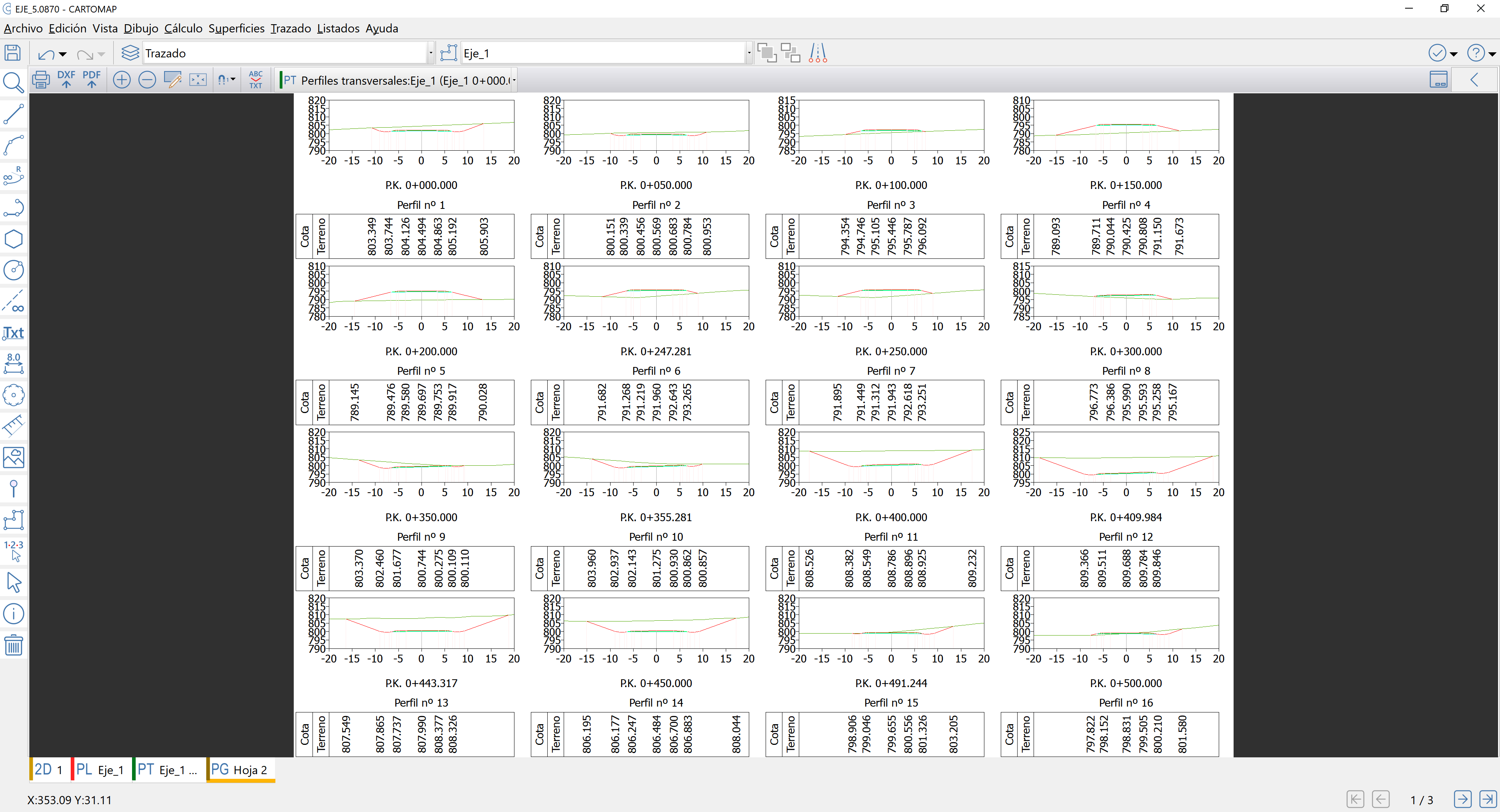 Perfiles transversales - Configuración de la vista - Disposición HV, resultado en plano papel