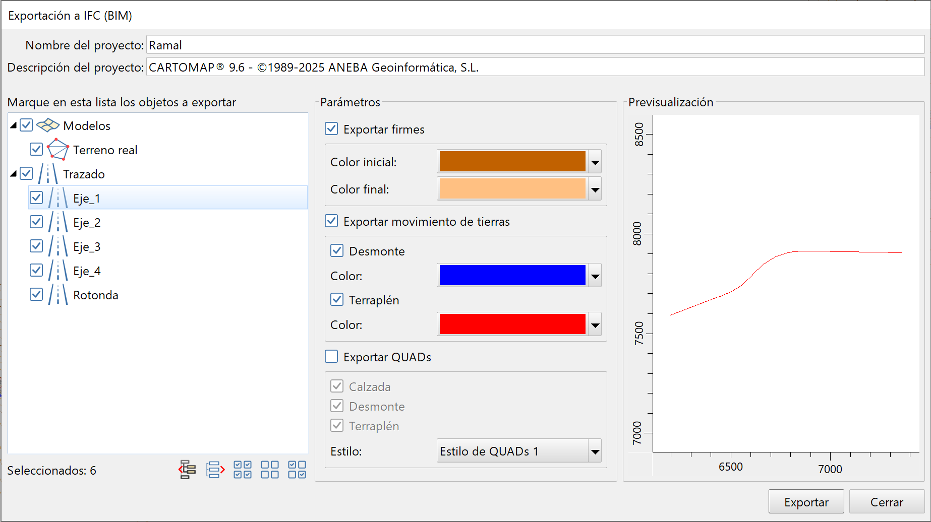 BIM - Exportación general, trazado - Dialog