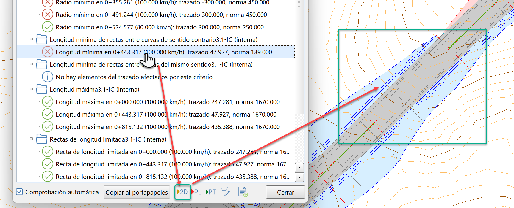 Trazado - Normativa - Comprobación, ir a vista 2D, croquis
