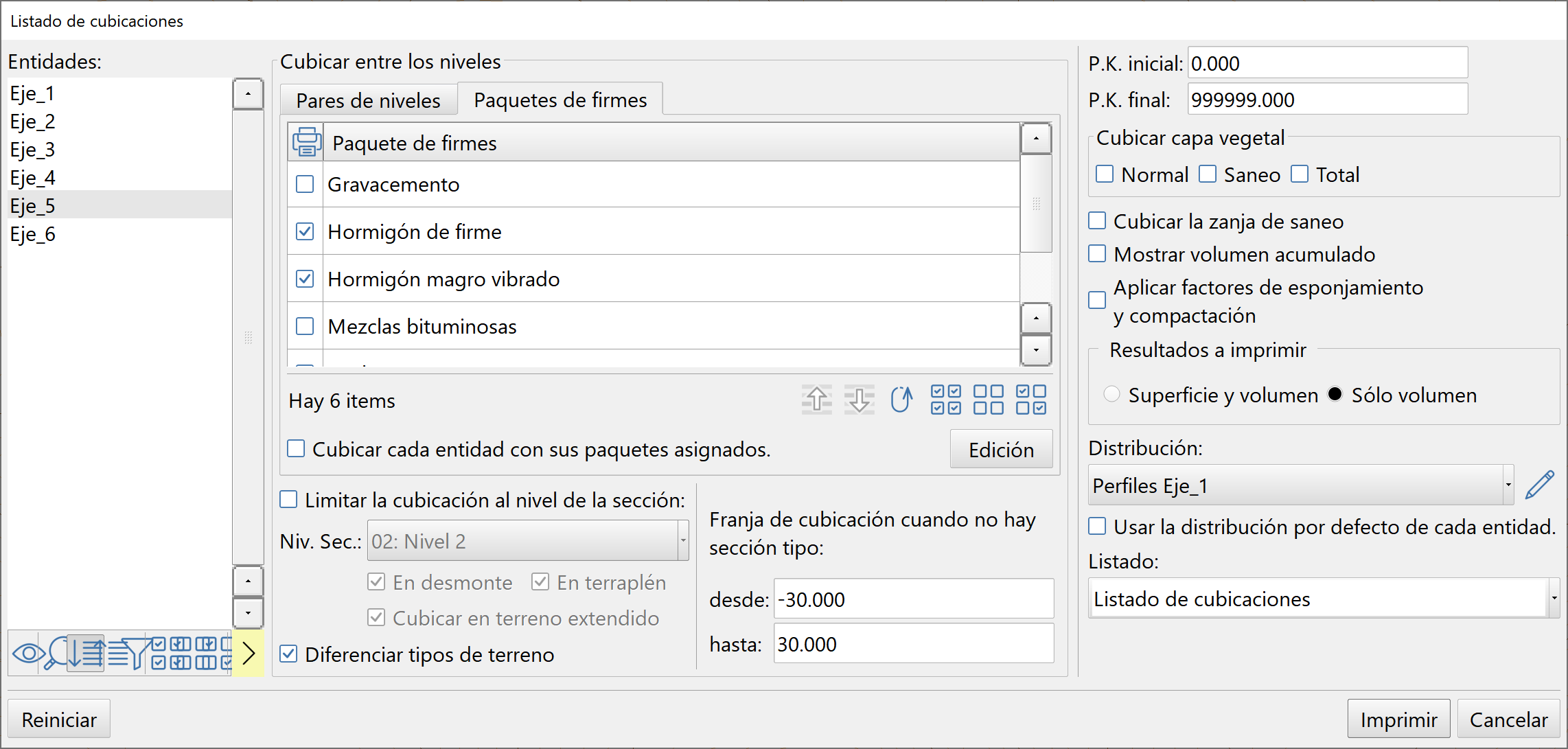 Listado de cubicaciones, selección de los paquetes de firme a cubicar. Listado de cubicaciones, selección de los paquetes de firme a cubicar.