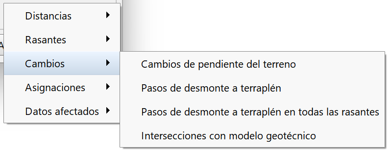 Perfiles - Edición de distribuciones - Longitudinal, menú cambios