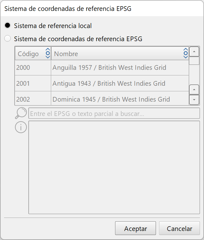 Edición - Proyecto - CRS - Sistema local, dialog