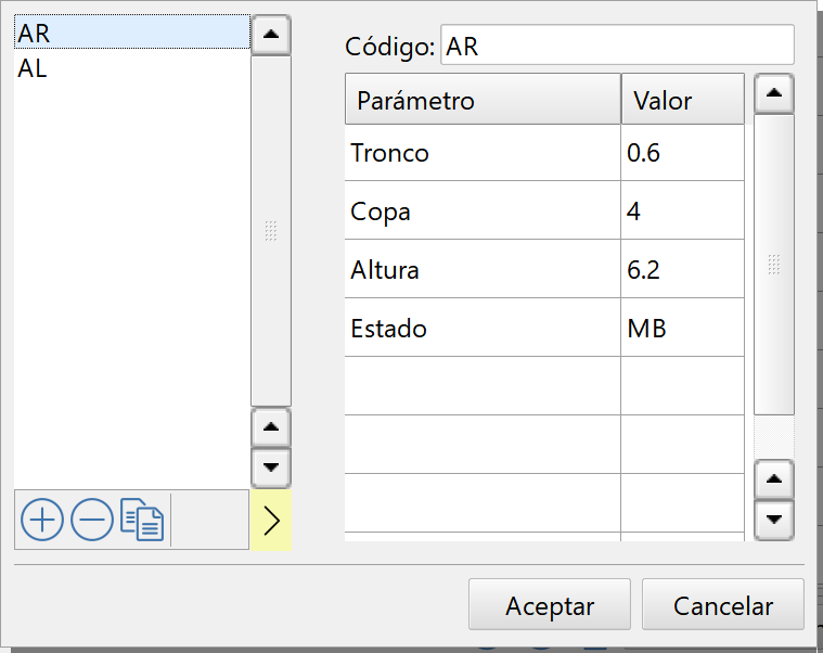 Edición - Levantamiento - Puntos - Lista de puntos, editor de códigos