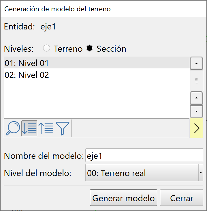 Trazado - Adquisición de perfiles transversales - Generación de modelos, dialog sección