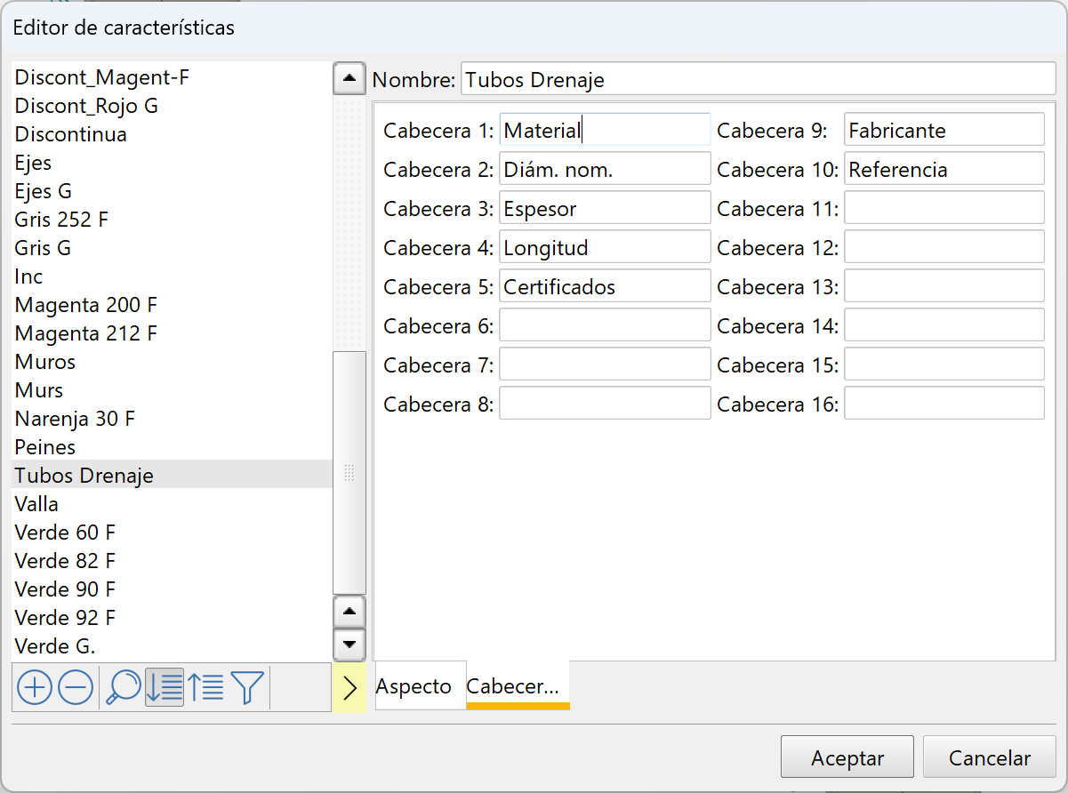 Edición - Características, dialog, tab cabeceras