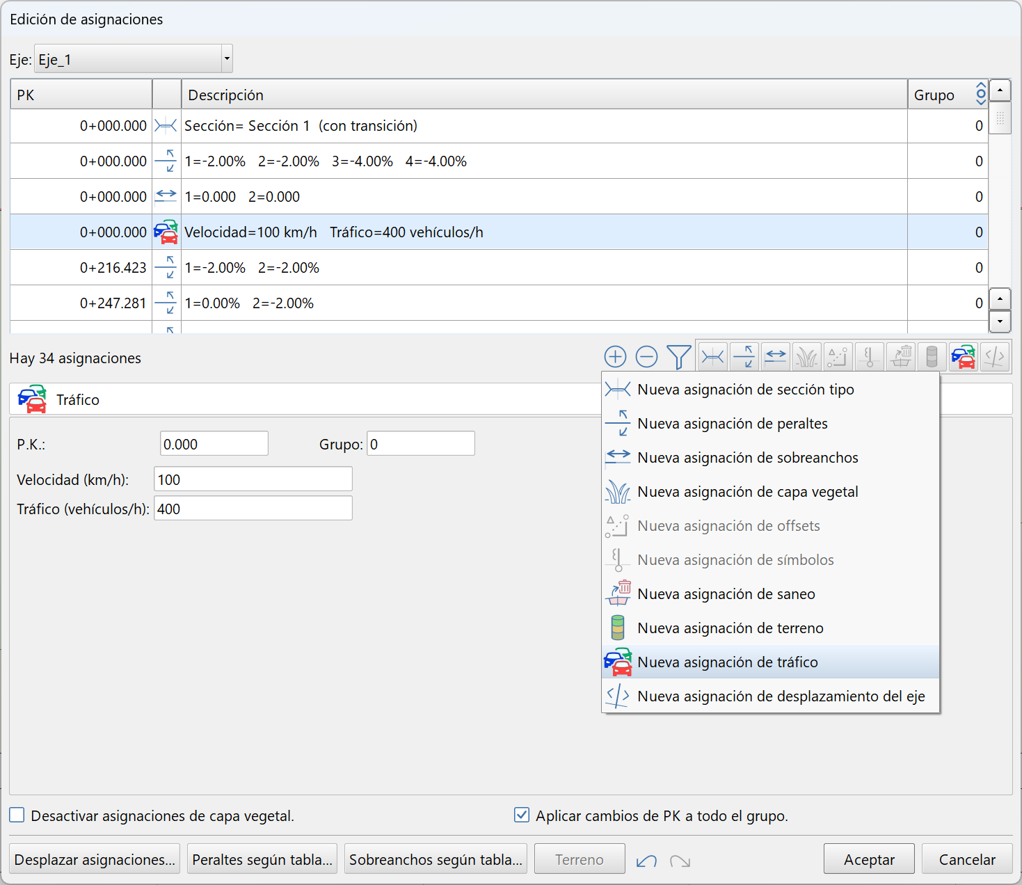 Trazado - Edición unificada de asignaciones - Asignación de tráfico, menú v9.2