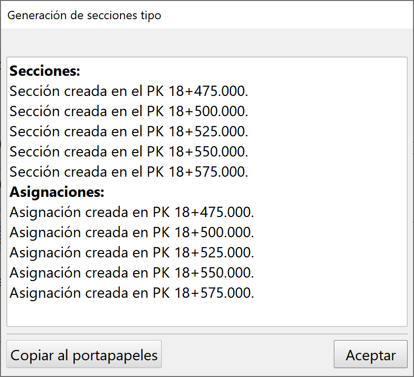 Trazado - Adquisición de perfiles transversales - Generación de secciones, información resultado