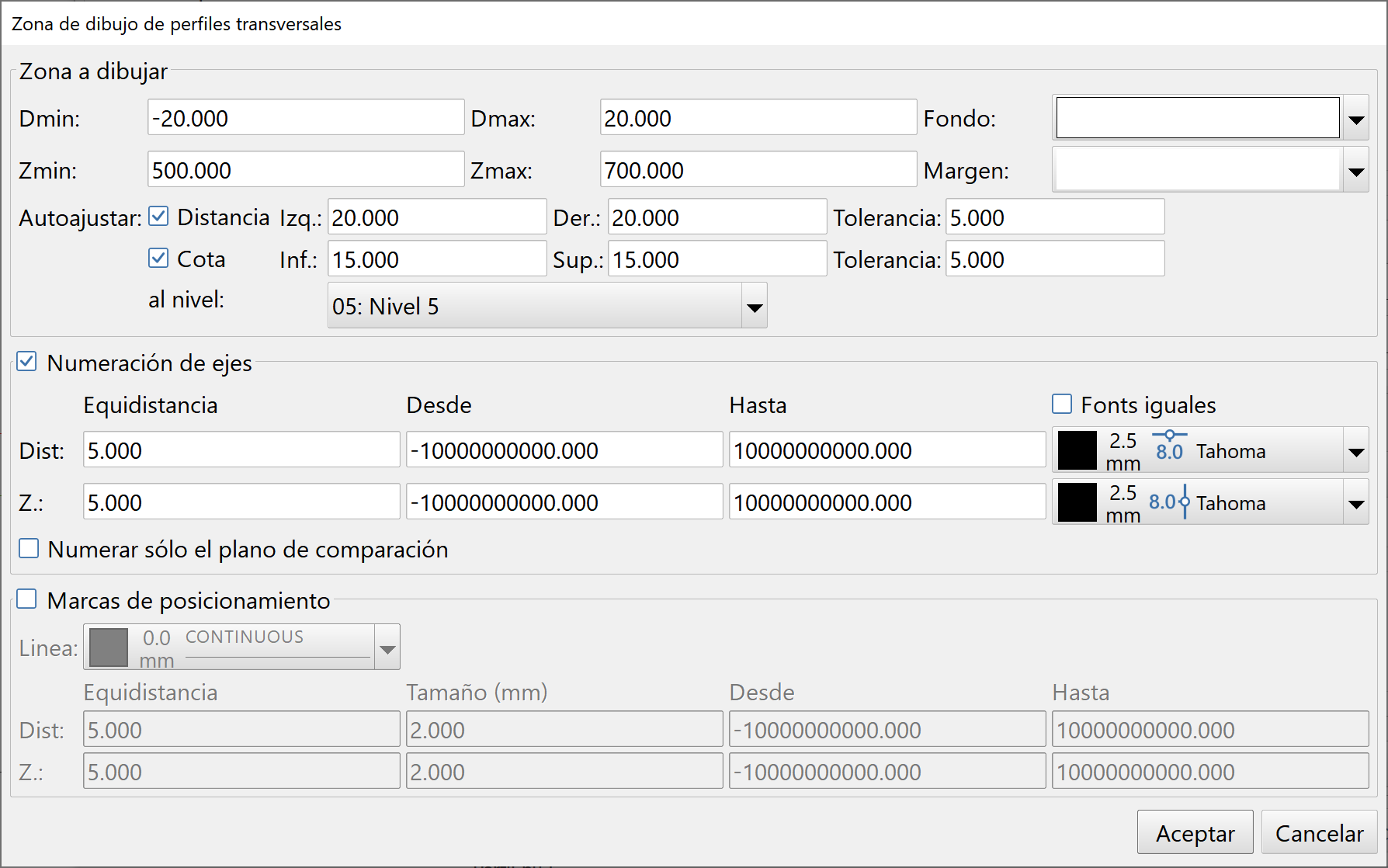 Perfiles transversales - Autoajuste de distancias, dialog