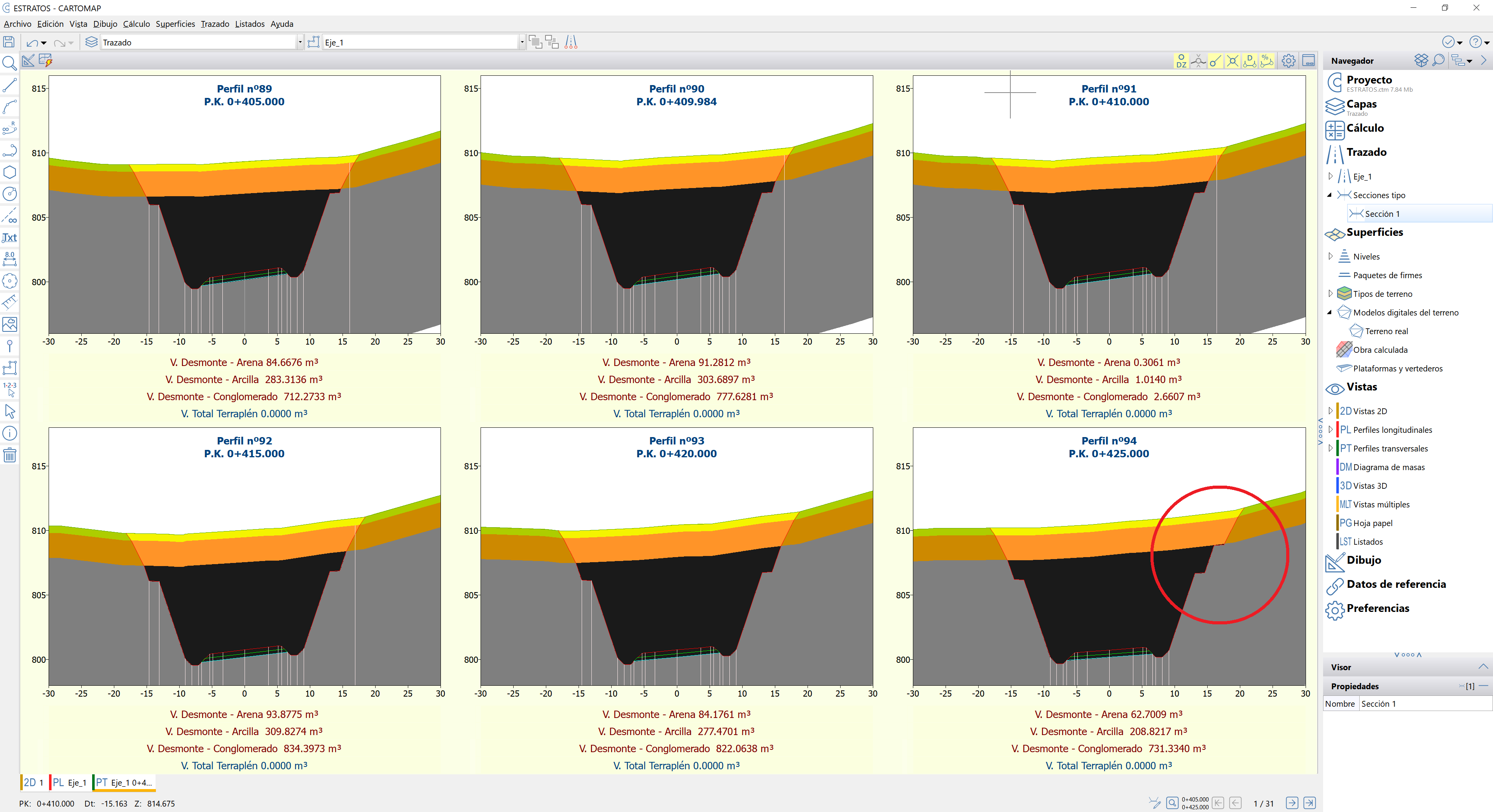Trazado - Editor secciones - Tramo taludes automáticos, resultado en perfiles transversales