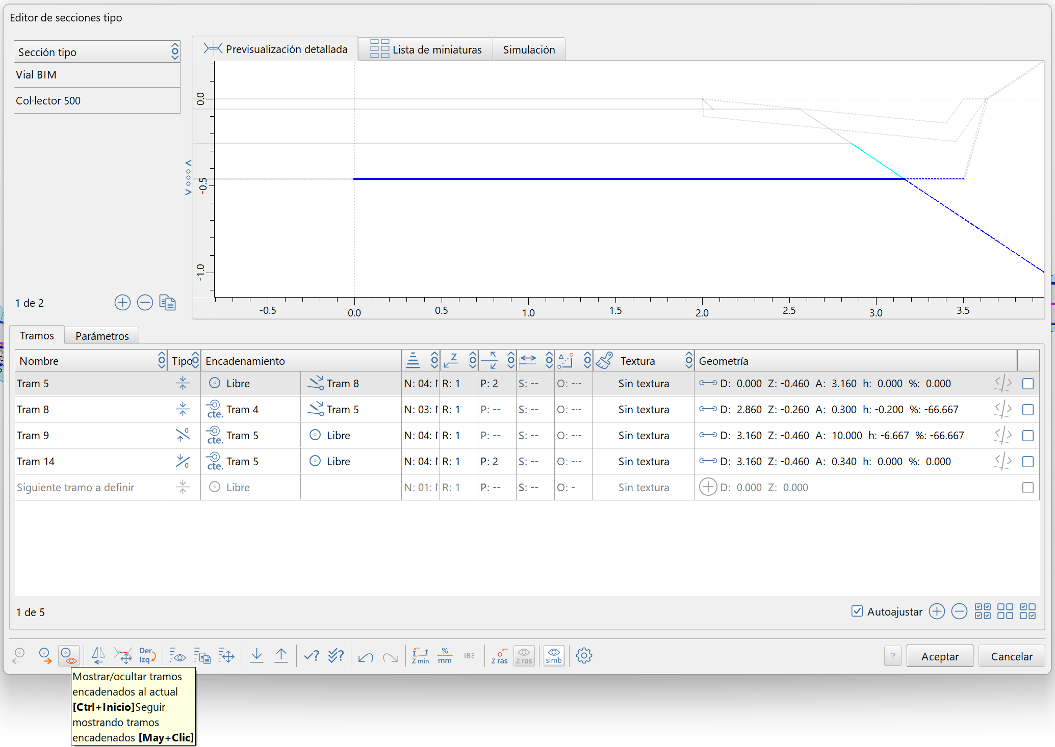 Secciones tipo - Editor, mostrar los tramos dependientes