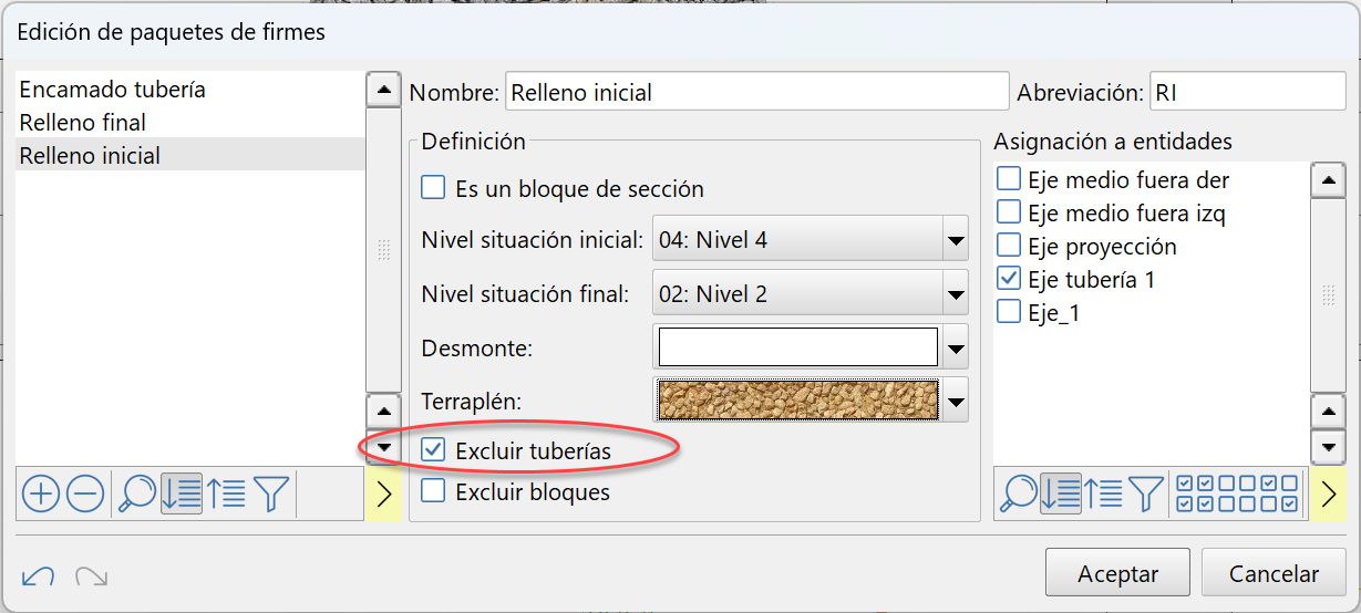 Superficies - Paquetes de firme, dialog con tramas y exclusión de tuberias resaltado