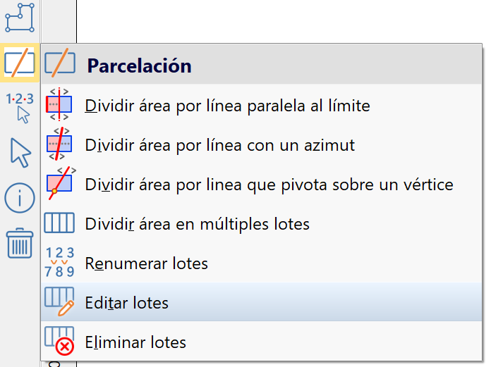 Parcelaciones - Editar lote, acceso barra de cad